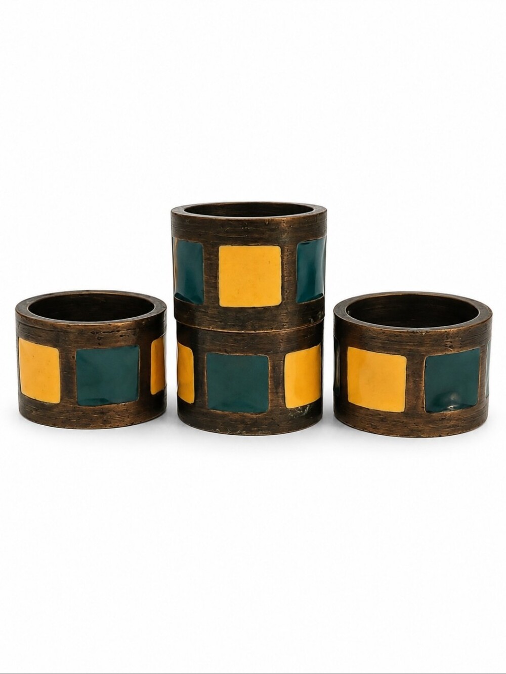 Vintage PIER 1 1980s Set of Four Bronze Enamel Modernist Napkin Rings Set
